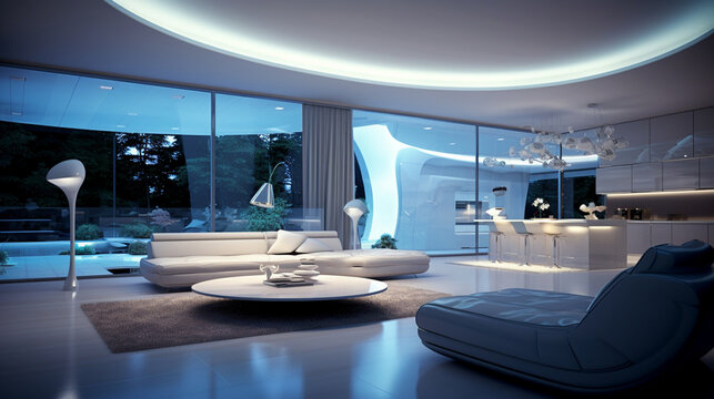 Futuristc 3D rendering artificial intelligence hotel work from home hotel of the future design restaurant area. Ai generated