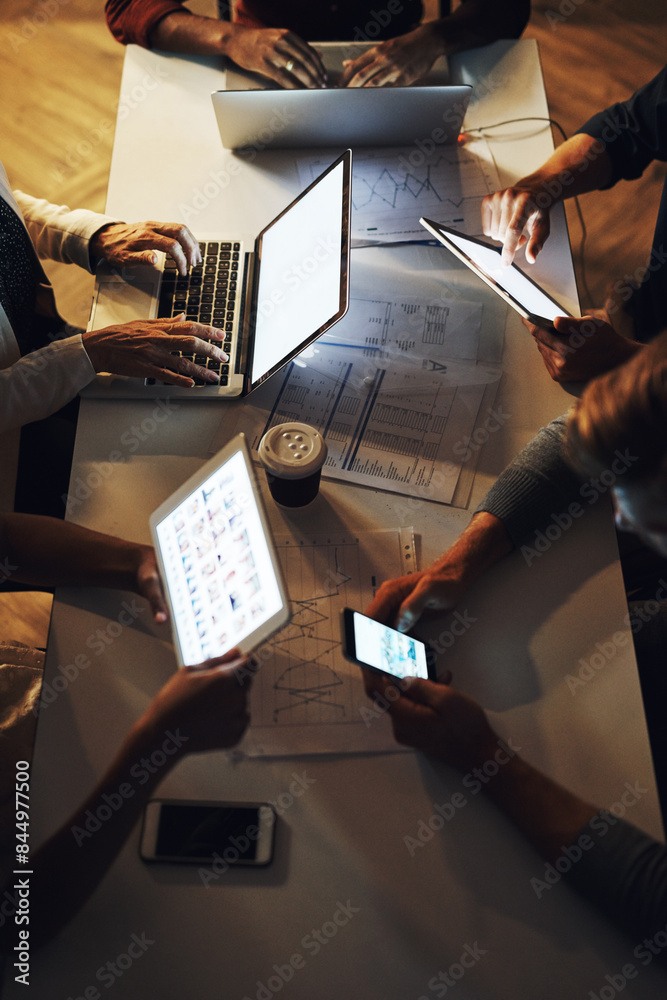 Poster night, hands and deadline for project, laptop and brainstorming for design, web designer and people.