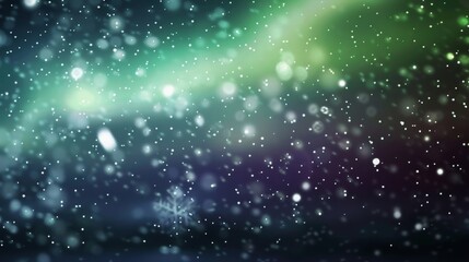 Softly blurred snowflakes drift down adding to the dreamlike quality of the aurora borealis as it paints streaks of vibrant greens and purples across the darkness. .