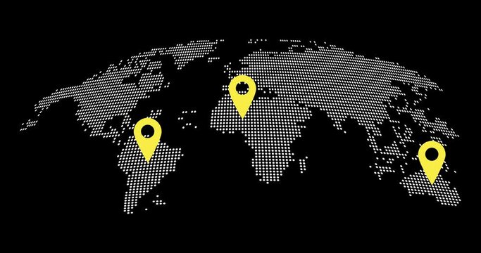 Abstract world map animation with pointers. Pins on world map navigation and travel concept. GPS location services, Global Business Network. Modern Technology hi-tech futuristic style animation.