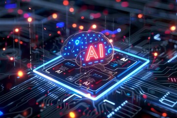 AI processor on a digital circuit board, representing advanced technology and innovation in a high tech, vibrant environment