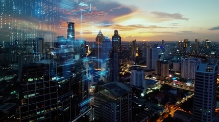 Glowing technological process hologram, aerial panoramic city view buildings at sunset