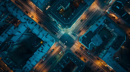 Aerial top view of downtown district buildings in night city light. Bird's eye view from drone of...