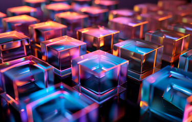 Fototapeta premium 3D render of colorful abstract geometric glass cubes on a black background, with a gradient color from blue to pink and orange, with reflection, refraction