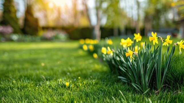 Row of Daffodils Blooming in the Lawn