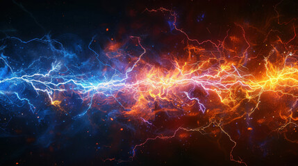 Dynamic abstract image featuring blue and orange electric lightning bolts, representing energy, power, and electrical phenomena.