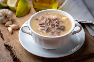 Traditional delicious Turkish food, Turkish traditional tripe soup; iskembe corbasi and offal soup, Turkish Meat Soup Kelle Paca (Turkish name; Kelle paca corbasi)