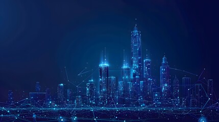 Wi-Fi smart city or network. Low poly wireframe. Building automation with computer board illustration. Isolated on a dark blue background. Plexus points and lines. Wireless smart city or network