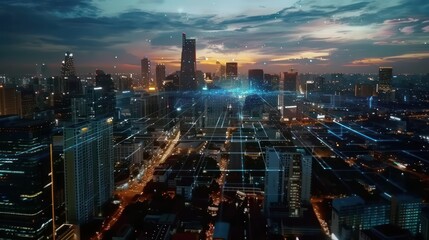 Fototapeta premium Glowing technological process hologram, aerial panoramic city view buildings at sunset