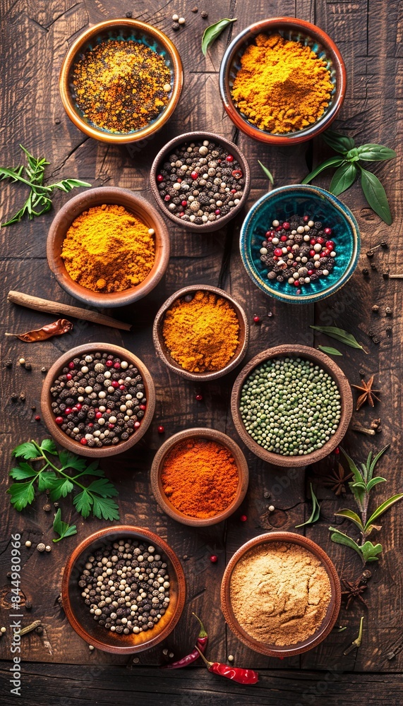 Poster A top-down view of various colorful spices in beautiful ceramic bowls arranged on a rustic wooden surface. Generative AI