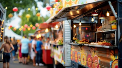 Soft focus on a row of food trucks at the park food fiesta their inviting aromas and vibrant decorations blending together in a dreamy haze while eager patrons place their orders. .