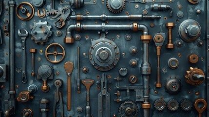 Steampunk metal panel showing mechanic tools and industrial parts