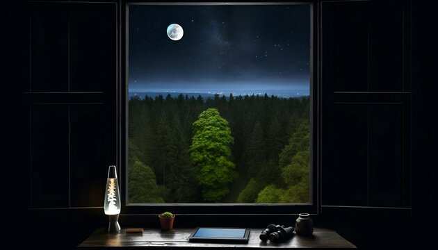 Vista noturna da floresta com lua cheia e c&eacute;u estrelado