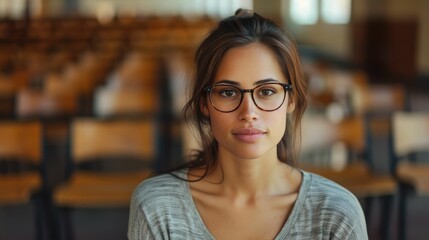 Young woman with glasses in a classroom, focused and confident, wearing a casual shirt, sitting among empty chairs
