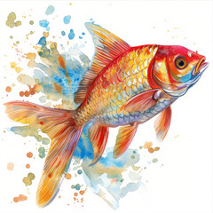 Fototapeta premium A vibrant illustration of a goldfish, painted with watercolors, showcasing its detailed scales and bright colors.