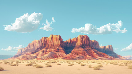Fototapeta premium A stunning desert landscape featuring majestic red rock formations under a clear blue sky with scattered clouds.