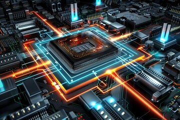Fototapeta premium AI processor on a high tech circuit board, representing advanced technology and digital innovation in a vibrant environment