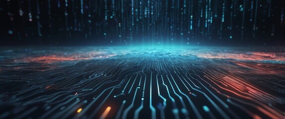 An abstract digital background with binary code and AI algorithms running in the background