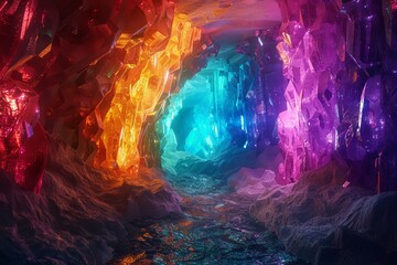 Obraz premium A vibrant, colorful crystal cave with glowing, abstract formations in a fantasy setting.