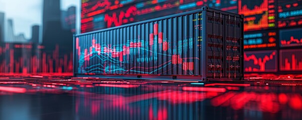Red shipping container and market data overlay