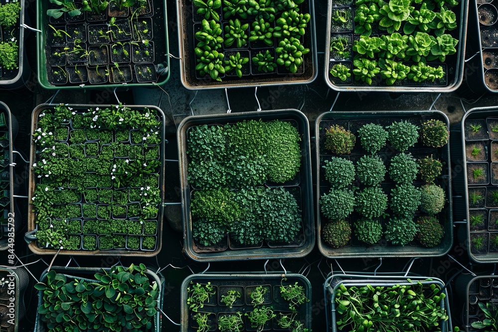 Leinwandbilder A top-down view of a microgreen farm with trays filled with a variety of microgreens. The green plants are organized in rows, creating a vibrant pattern. Generative AI