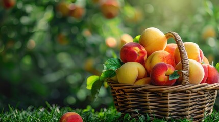 Bright Yellow Peach and Nectarine Fruits in Wooden Basket on Greenery Background