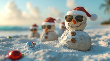 A snowman with sunglasses and a red hat is standing on a beach