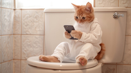 Modern Moments: Cat in a Bathrobe Browsing a Smartphone
