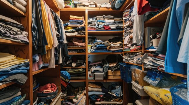 From a cluttered closet to an organized wardrobe picture clothes haphazardly strewn across shelves being transformed into neatly stacked piles and orderly boxes