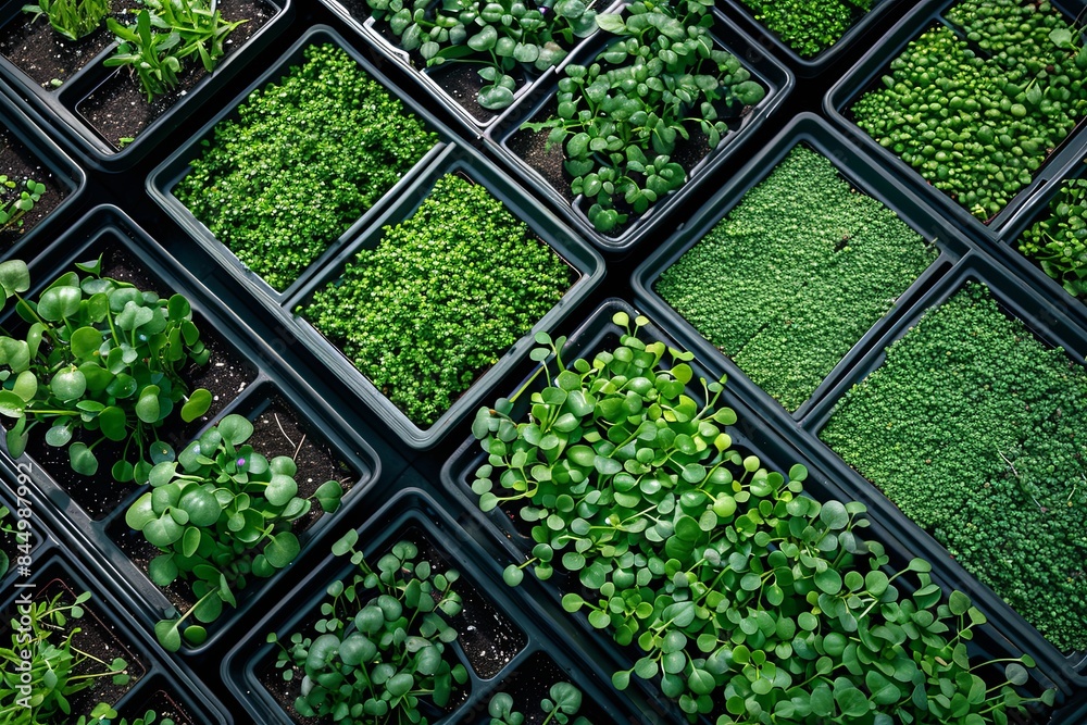 Leinwandbilder A close-up, top-down view of a microgreen farm with trays filled with various types of microgreens. Generative AI