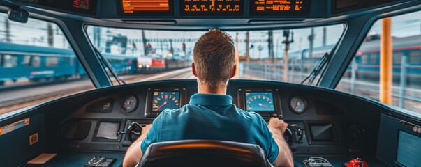 Train driver at controls in cabin view
