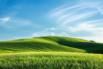 Naklejka premium Smooth meadow on the hill with blue sky, beautiful landscape