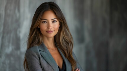 Fototapeta premium Professional woman with long hair in a grey blazer standing confidently in front of a blurred background 