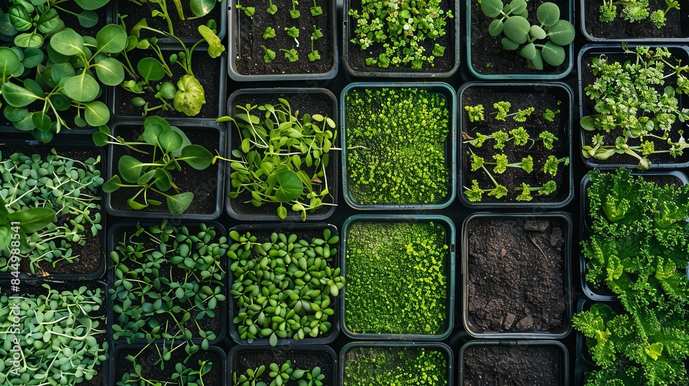 Poster An overhead view of a microgreen farm showcasing rows of trays filled with various types of sprouting greens. Generative AI