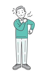 肩こりや肩の痛みで手を当てる高齢男性のイラスト