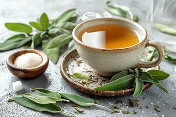 Sage tea cup, sugar bowl, and leaves flat lay on grey surface