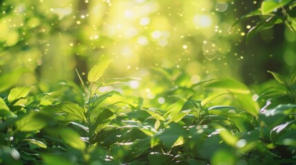 Obraz premium A soft blur of vibrant green foliage fills the background creating a peaceful and secluded atmosphere in the sunny glade. Sunlight filters through the leaves casting speckles of warm .