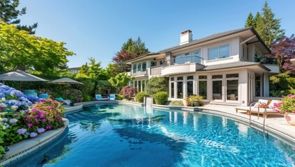 A large, elegant home with an expansive pool and garden in the backyard under clear blue skies.
