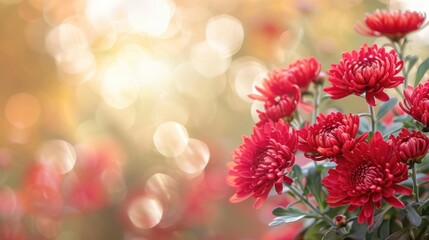 Close up of blurred background with red chrysanthemums