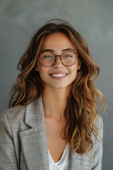 Obraz premium A woman with long brown hair and glasses is smiling for the camera. She is wearing a gray jacket and a white shirt