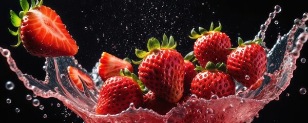 Fresh juicy strawberry in water splashes on black background with copy space. Berry in water drops. Summer freshness, poster design. Flat lay, top 