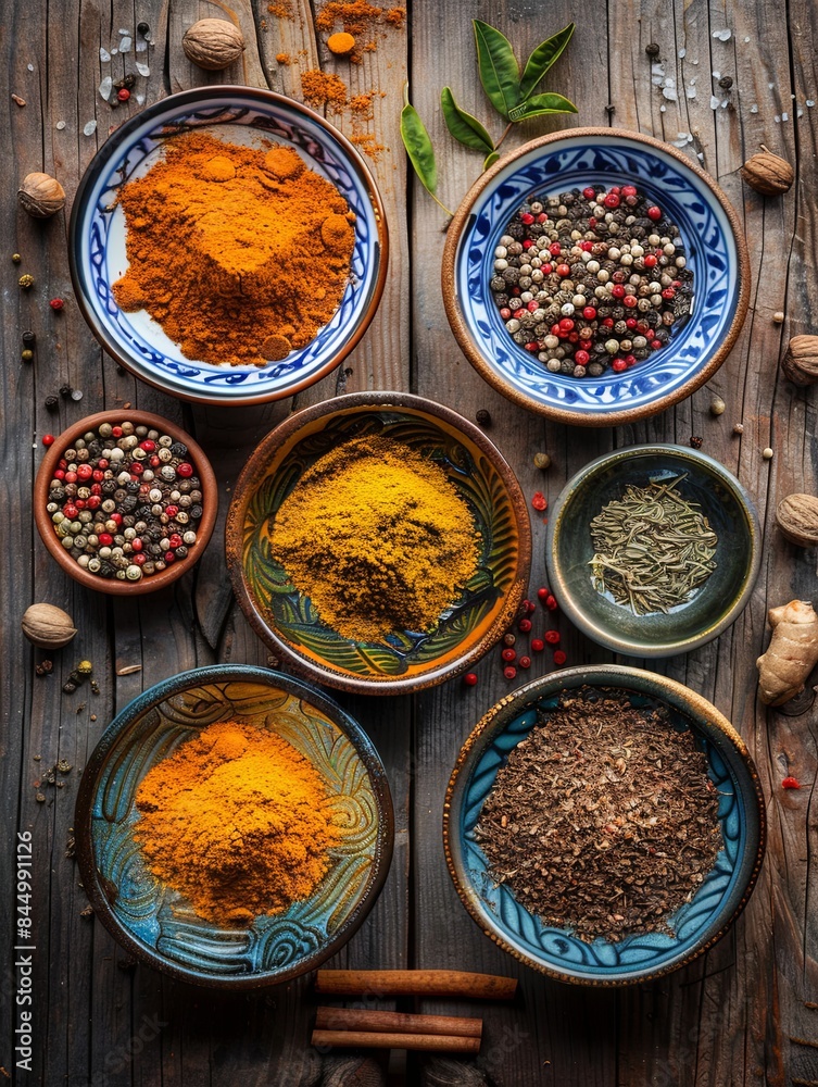 Poster a top-down view of colorful spices in beautiful ceramic bowls on a rustic wooden surface. generative