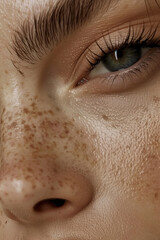 Ultra-Detailed Close-Up Photo of a Young Woman's Face Highlighting Clear, Healthy Skin