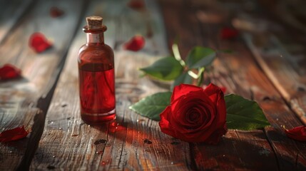 Red rose oil bottle on fancy wooden floor