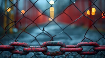 The image depicts a close-up view of a weathered, red-painted chain link fence with blurred background lights, creating a dramatic and somber urban atmosphere