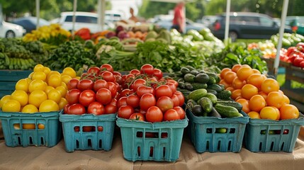 Bright and colorful assortment of fresh vegetables at a vibrant outdoor market stall with tomatoes, cucumbers, and various leafy greens in blue crates