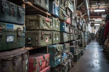 A busy warehouse aisle filled with a multitude of stacked, colorful vintage suitcases and military-style bags, creating a nostalgic and cluttered atmosphere