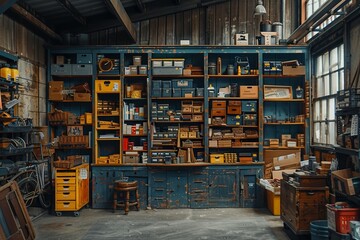 A highly organized, vintage industrial workshop filled with various tools, boxes, and equipment, reflecting a meticulous and efficient workspace environment