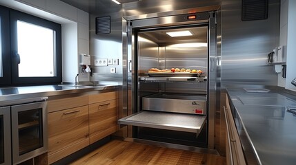 A modern industrial kitchen featuring a state-of-the-art stainless steel dumbwaiter system transporting a tray of fresh fruits between floors