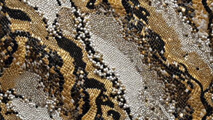 White, brown, gold and beige marble abstract background with snake or reptile skin texture, polished granite surface, close-up view. Flat lay, top view. Stone backdrop for banner, wallpaper design